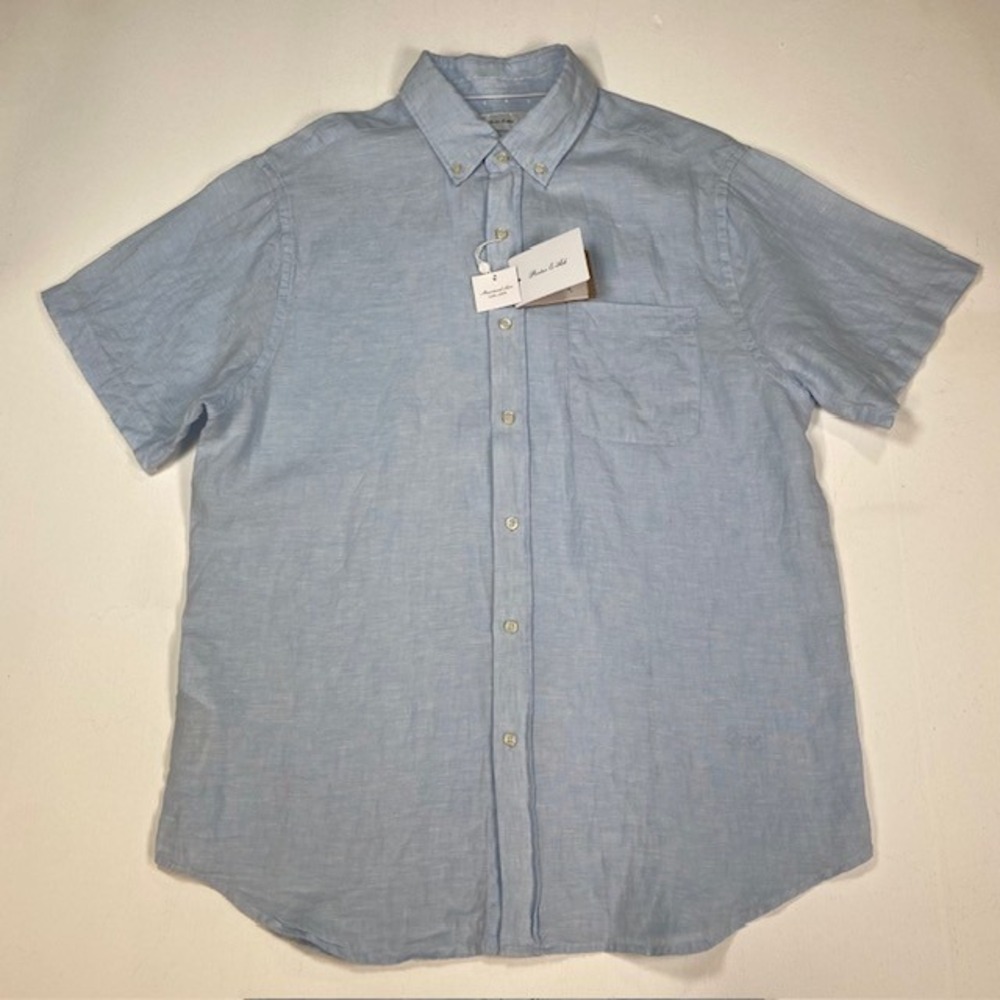 Porter & Ash Mens Linen Blend Short Sleeve Button Down Shirt Light Blue Large